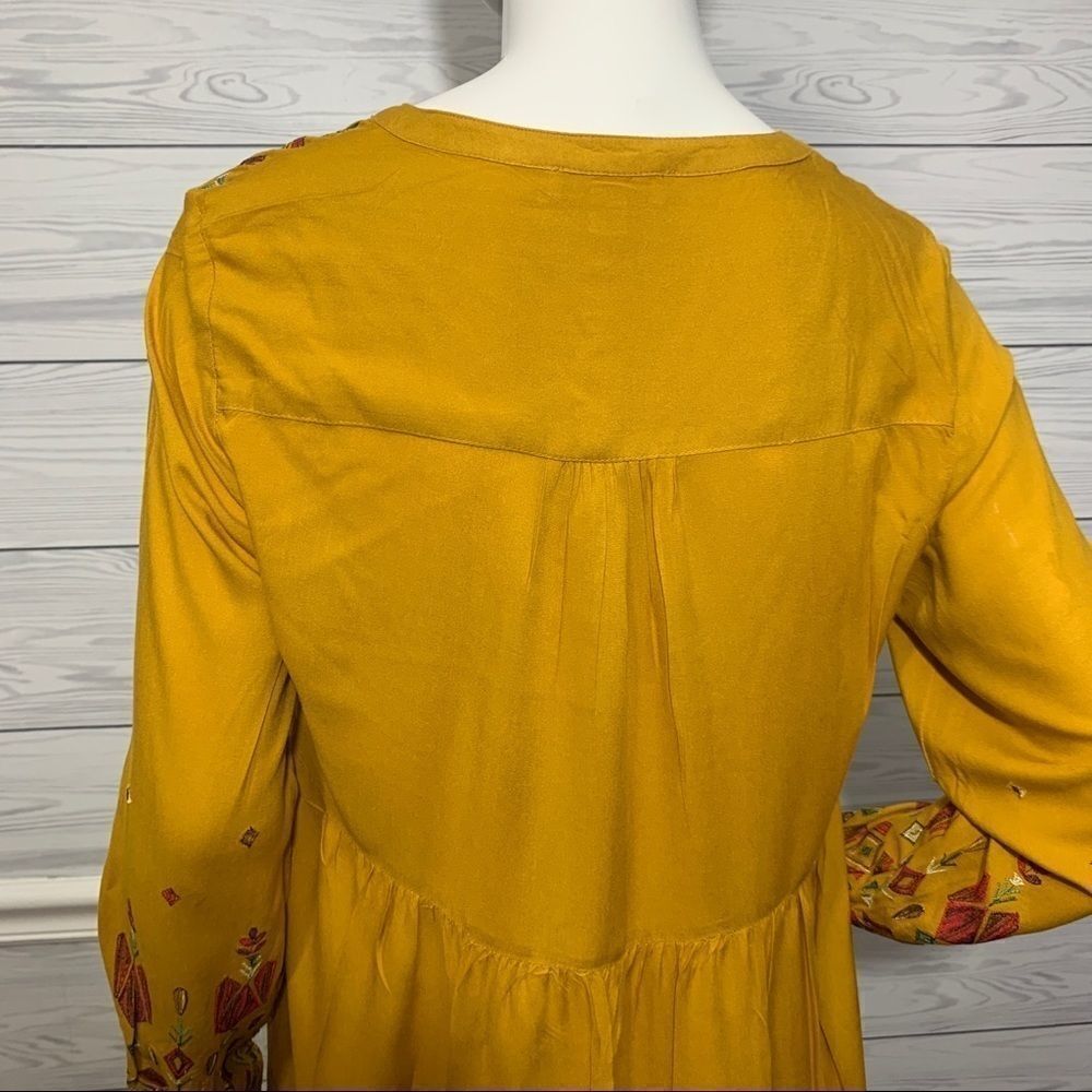 Beach Lunch Lounge Mustard Yellow Aztec Finely Embroidered Boho Dress - S - Picture 14 of 16